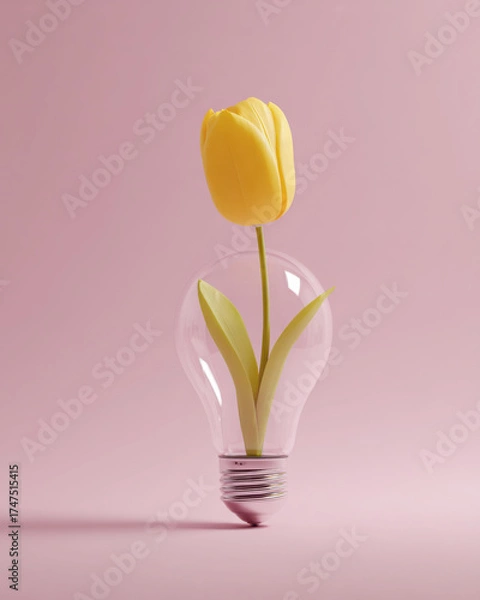 Fototapeta A yellow tulip growing from a clear light bulb on a soft pastel pink background. Minimalist concept with gentle lighting and wide copy space for text or design placement.