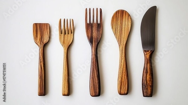 Fototapeta Set of wooden kitchen utensils including spatula, two forks, spoon, and knife arranged neatly on a white background