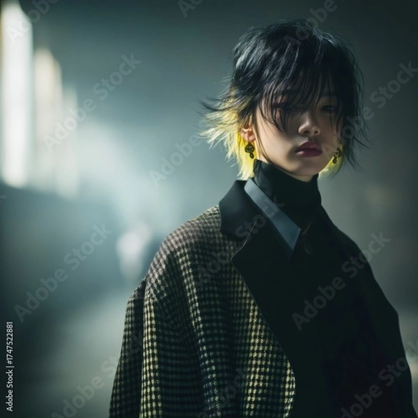Fototapeta Androgynous fashion model posing in a dimly lit setting, featuring a trendy two tone hairstyle with black and yellow highlights, wearing a sophisticated overcoat and turtleneck