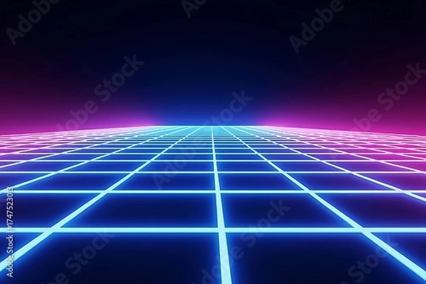 Fototapeta Neon grid background retro wave synthwave wallpaper abstract futuristic landscape illustration design