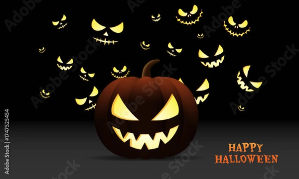 Fototapeta Happy Halloween with scary big pumpkin and lot of spooky eyes in the dark. Background illustration for halloween celebration