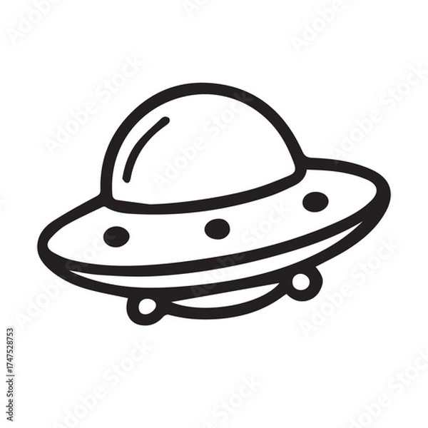 Fototapeta A minimalist vector artwork showing a cute flying UFO, drawn playfully in monochrome black and white with clean and solid black outlines.