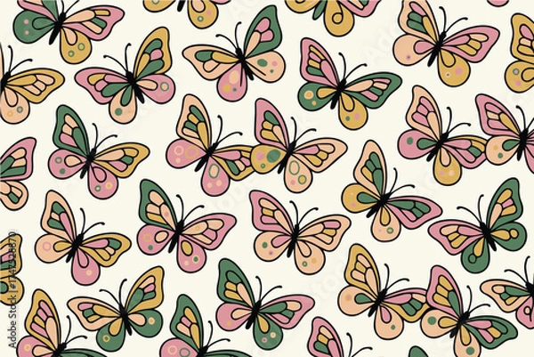 Fototapeta Vector background pattern featuring colorful butterflies arranged artistically, designed in vibrant art style with playful shapes and harmonious decorative composition.
