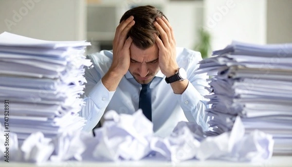Fototapeta a Businessman Struggling with Overwhelming Paperwork in Office Environment