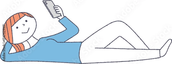 Obraz スマホを見ながら寝転ぶ女性