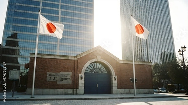 Fototapeta Japanese flags wave in wind against modern glass skyscrapers in city downtown