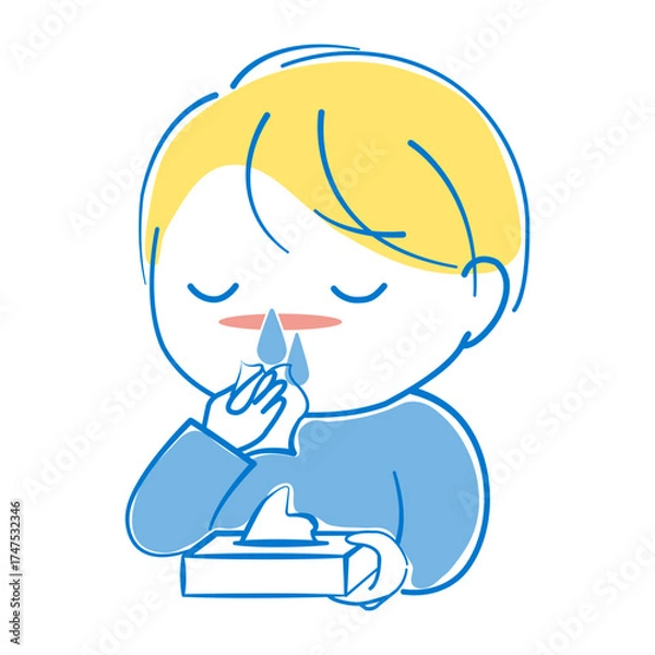 Fototapeta 風邪またはアレルギー症状のため鼻水が止まらず困っている男の子