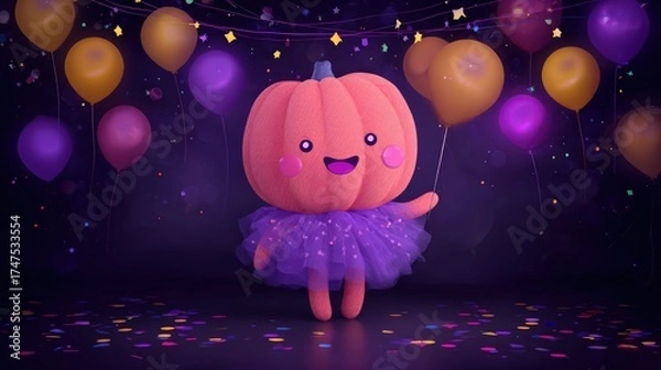 Fototapeta Cute pumpkin character in a tutu celebrates with balloons and confetti.
