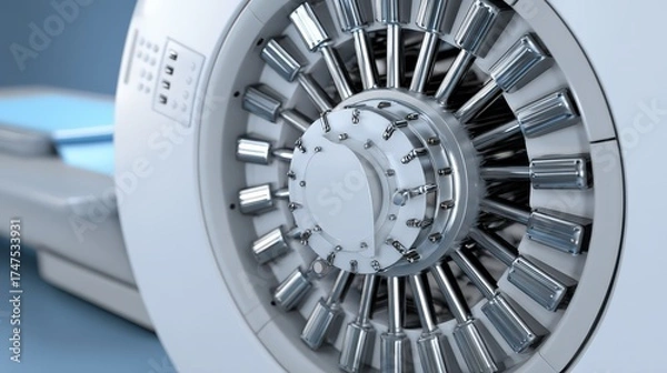 Fototapeta detail of a modern medical imaging machine reveals intricate mechanical components with gleaming metallic elements.