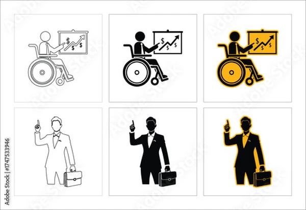Fototapeta Business Presentation By A Man In Wheelchair And A Businessman Vector Icons