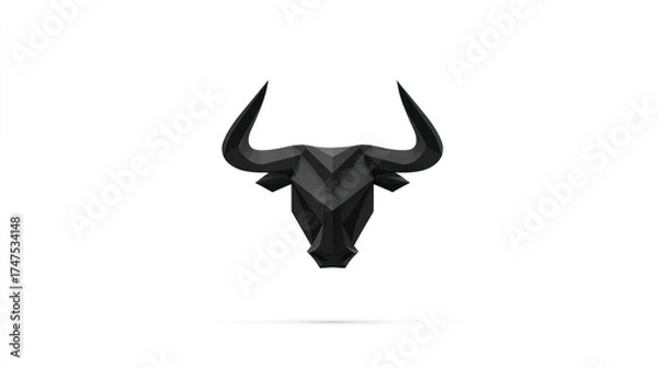 Fototapeta Geometric black bull head with large horns against a solid white background