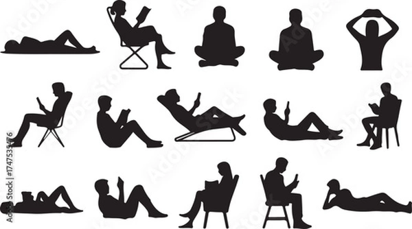 Fototapeta Silhouette People Reading Relaxing Set on Checkered Pattern