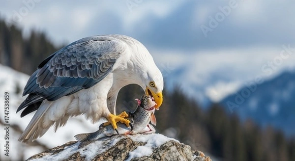 Obraz eagle eating fish on the mountain