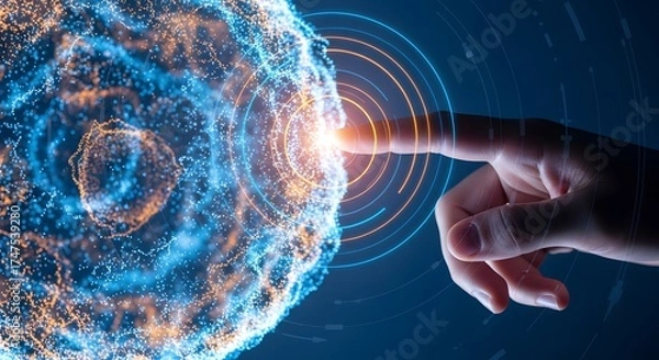 Fototapeta Human finger touching digital globe with glowing network and data streams