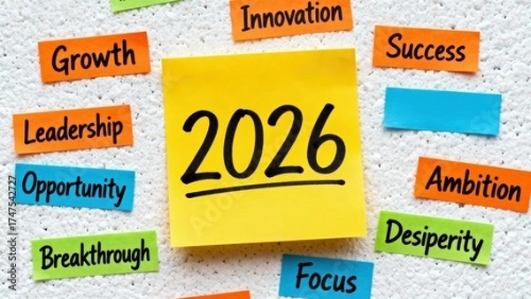 Fototapeta Bright sticky notes on a wall highlight 2026 with themes of growth, innovation, and success.