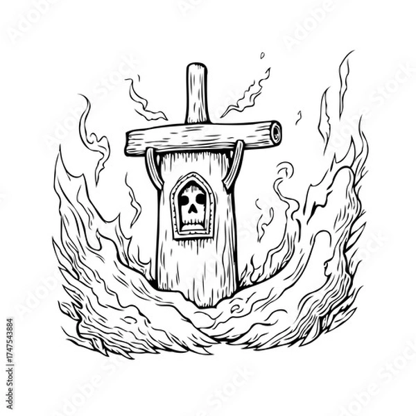 Fototapeta Eerie wooden structure engulfed in flames with a skull peeking through a window illustration of