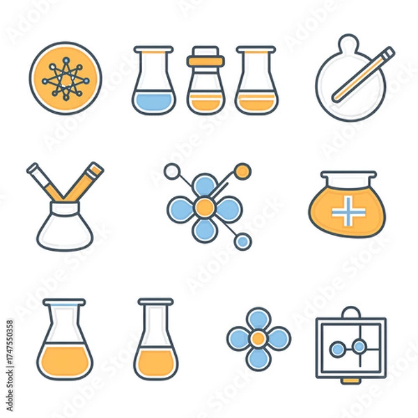 Fototapeta Chemistry Lab Icons, Chemical Icons Set, Laboratory Symbols, Science Lab Design, Chemical Equipment Icons, Lab Tools and Equipment, Scientific Icons Collection, Laboratory Flask Set