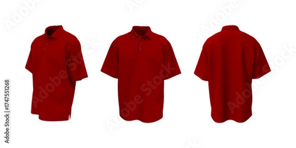 Fototapeta Oversized white men’s short sleeve polo shirt mockup. 3D render in front, side and back views. Realistic template