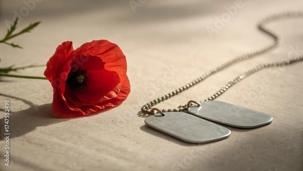 Fototapeta Red poppy flower and military dog tags on a textured surface with soft light