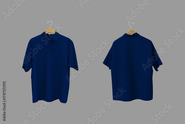 Fototapeta 3D rendering of an oversized short sleeve polo shirt mockup for men. Realistic fabric texture, front and back view on hanger