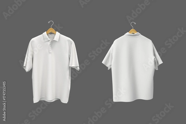 Fototapeta 3D rendering of an oversized short sleeve polo shirt mockup for men. Realistic fabric texture, front and back view on hanger