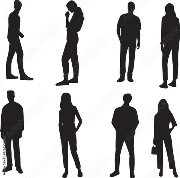 Fototapeta A vector illustration set of standing business people silhouettes in suits for teamwork and success