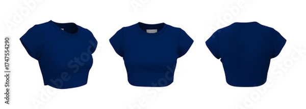 Fototapeta 3D rendering of women’s crop top t-shirt mockup. Short sleeve crew neck design showing front, side, and back view with realistic fabric texture
