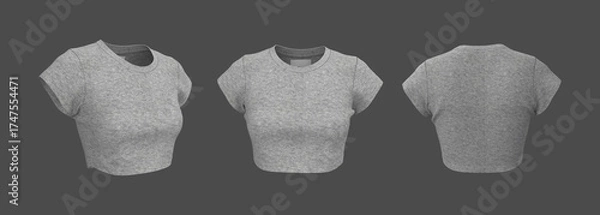 Fototapeta 3D rendering of women’s crop top t-shirt mockup. Short sleeve crew neck design showing front, side, and back view with realistic fabric texture