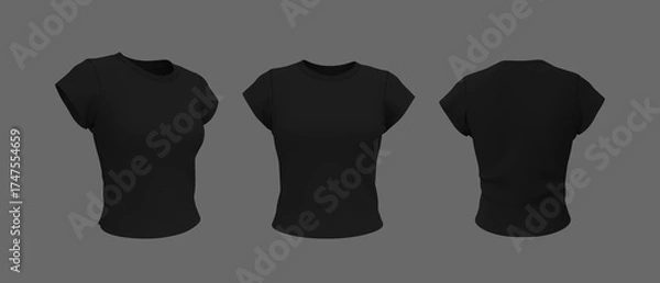 Fototapeta 3D rendering of women’s slim fit short sleeve crew neck t-shirt mockup. Front, side, and back view realistic apparel design