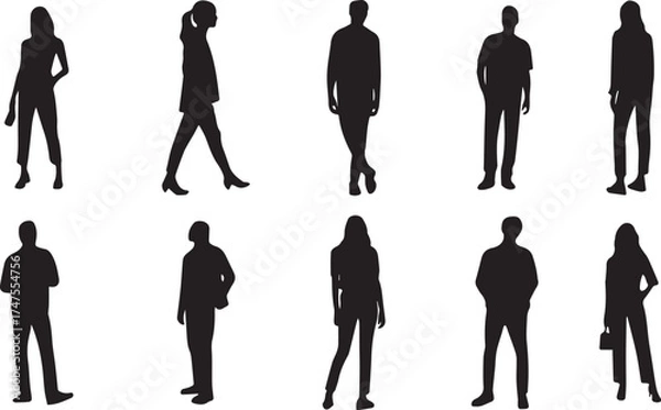 Fototapeta Black vector silhouettes of business people walking, standing, and meeting in a suit, symbolizing success and teamwork