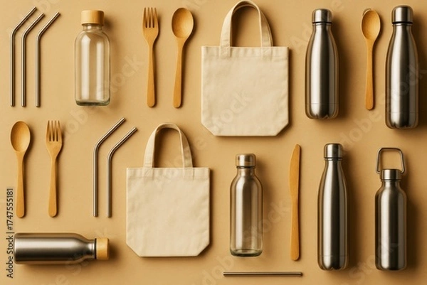 Fototapeta Reusable eco-friendly utensils, bottles, straws, and tote bags arranged creatively on a light brown background for sustainable living concept. Ai generative