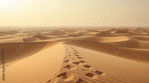 Obraz A vast expanse of sand dunes stretching to the horizon under a hazy sky with footprints in the sand