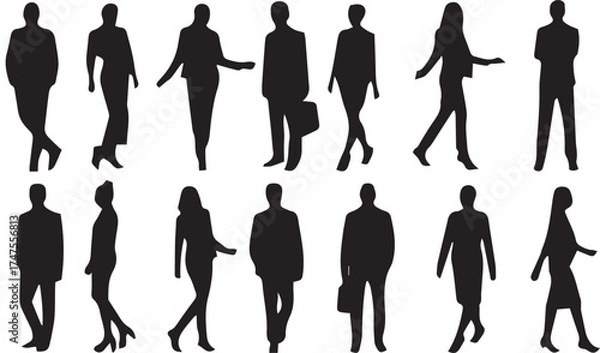 Fototapeta Vector silhouettes of business people walking and posing, including a group of men and woman in suit for team and work design