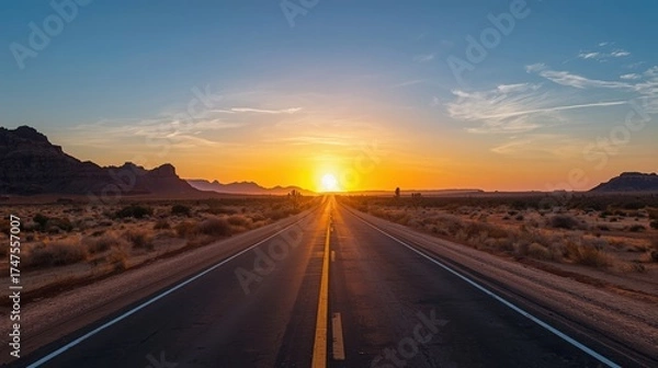 Obraz A long road stretching into the horizon with a bright sunset and desert landscape on either side