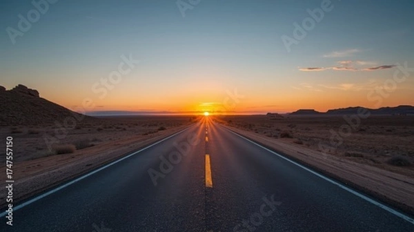 Obraz A long road stretching into the distance with the sun setting in the background over the horizon