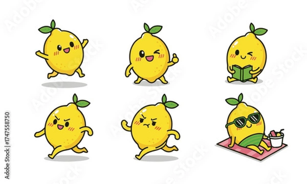 Fototapeta Large Set of Cute Kawaii Lemon Mascots with Various Activities and Expressions