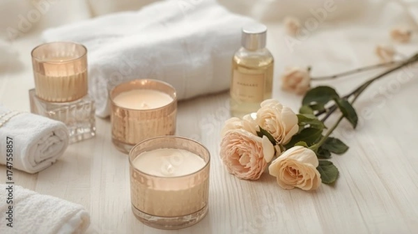Obraz Still life of candles, towels, lotion and roses in a spa setting on a white wooden surface top view