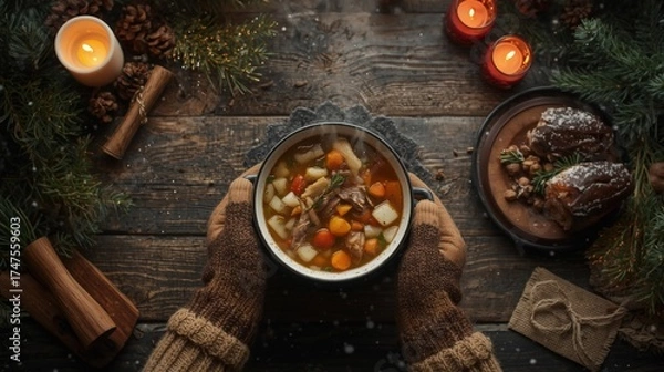 Obraz Hands holding a pot of soup on a wooden table with candles and christmas decorations around it