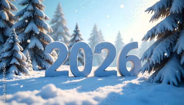 Fototapeta 3D WELCOME 2026 Text in a Snowfall Winter Wonderland with Shimmering Snow, Cinematic Lighting, and Magical Whimsical Atmosphere.