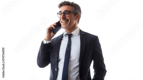 Obraz Man in suit and tie wearing glasses smiling while talking on a cell phone against  on transparent background