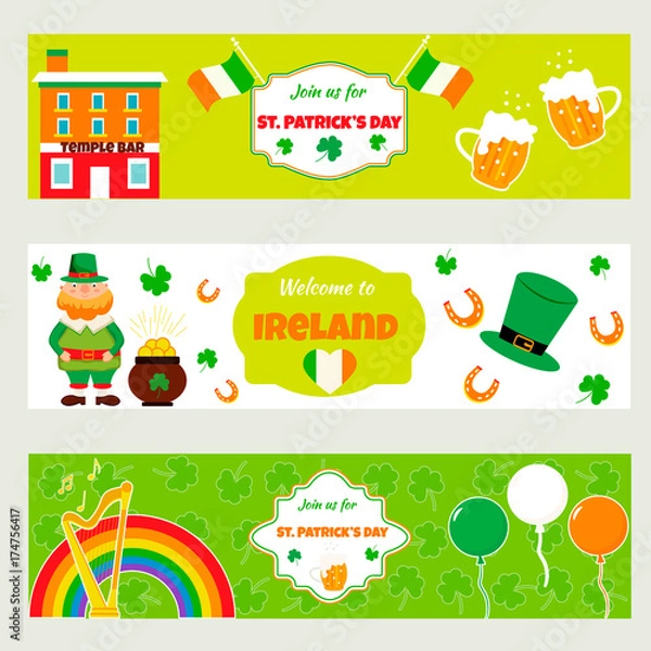 Fototapeta Irish banners with traditional symbols, characters and elements. Perfect for St Patrick's Day