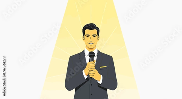 Obraz Presenter Holding Microphone Under Bright Spotlight Ready To Deliver a Speech Professionally