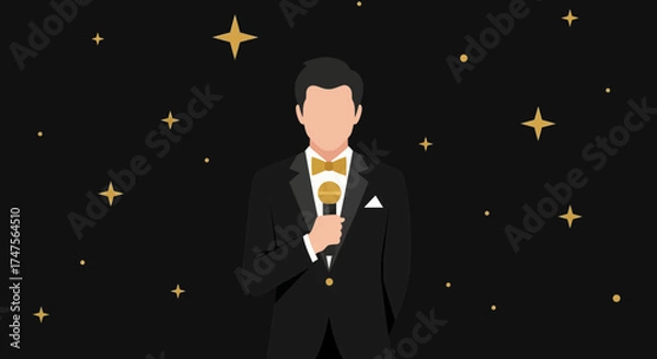 Fototapeta Presenter Speaks Into Microphone With Golden Stars On Black Background