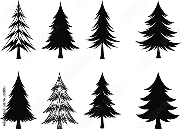 Fototapeta Collection of different pine tree silhouettes, black fir and spruce tree vector set, evergreen conifer forest design elements, nature illustration art