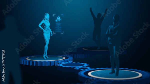 Obraz Business support and value creation concept with businesswoman on gear platform representing strategic growth, responsibility, and investment vision