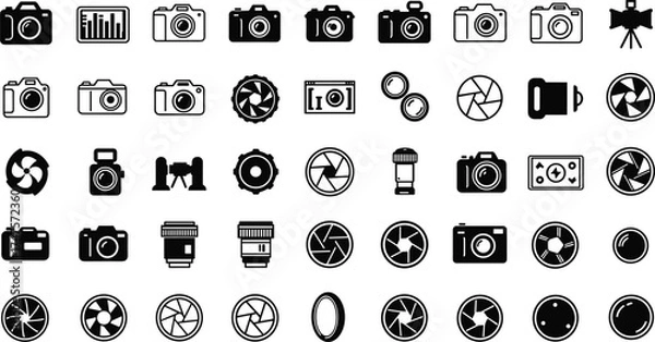 Fototapeta Camera icon collection, photography equipment symbols, DSLR, lens, aperture, tripod, professional photo tools, creative design, black and white vector illustration