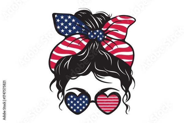 Fototapeta Messy Bun American Flag Bandana, Patriotic Messy Bun and Glasses