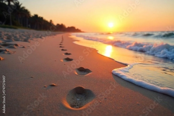 Fototapeta Tranquil Sunset Beach Scene Footprints Fading into Golden Sand, Evoking Peace and Serenity. Perfect for travel, vacation, and relaxation themes.