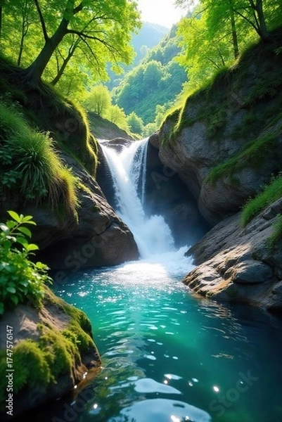 Fototapeta Crystal-Clear Cascade Sunlight Dapples Lush Green Hillside Waterfall, Tranquil Nature Scene Perfect for Travel and Documentary Use