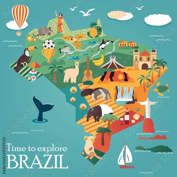 Fototapeta Tourist map of Brazil with landmarks and animals. Can be used as tourist posters, leaflet.